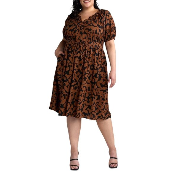 Brown Black Print Fall Midi Dress with Attached Tie + Pockets Size 3X 24W-26W - Picture 1 of 9
